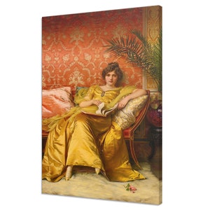 Elegante dama con vestido dorado amarillo, impresión en lienzo de pintura vintage, retrato femenino antiguo, hermosa impresión de bellas artes románticas vintage