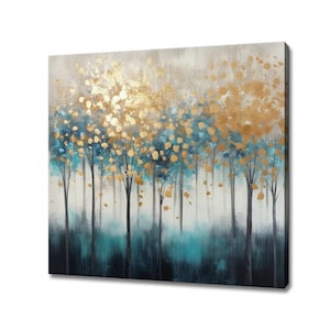 Abstract Golden Teal Forest Trees Oil Painting Style Canvas Print, Modern Wall Art Print, Nature Picture Wall Hanging, Landscape Wall Decor