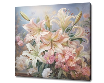 Pastel Colour Lily Flowers Bouquet Canvas Print Wall Art, Modern Floral Design Home Decor, Botanical Flowers Art, Gift For Flowers Lover