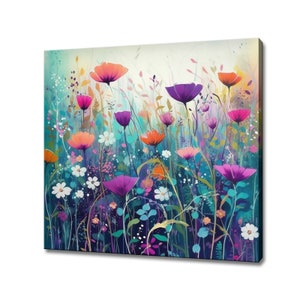 Colourful Wildflowers Meadow Abstract Watercolour Painting Style Canvas Print, Modern Floral Design Home Decor, Flowers Wall Art Picture