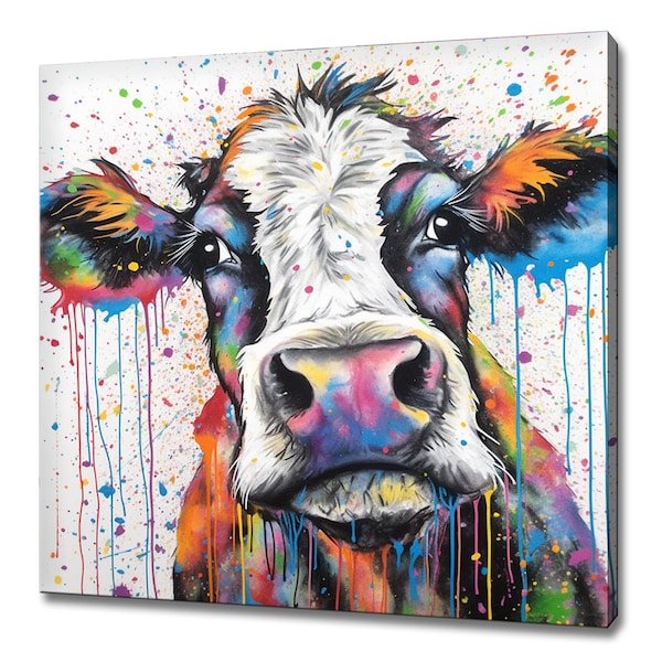 Vache colorée, peinture aquarelle style éclaboussures d'animaux, art des animaux de la ferme, art des animaux de la ferme, impression sur toile art mural, impressions artistiques pour chambre d'enfants