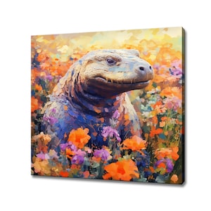 Komodo Dragon In Colourful Flowers Field Canvas Print, Komodo Dragon Portrait Painting Print Wall Art, Gift For Komodo Dragon Lover,