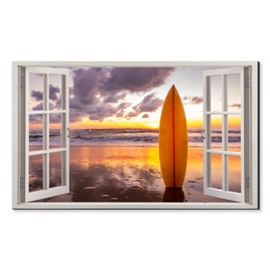 Surfboard On The Beach At Sunset Window View, Window Frame Style Modern Design Home Decor Canvas Print Wall Art Picture Ready To Hang