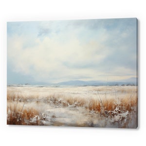 Vintage Country Landscape Frozen Drylands Muted Moody Painting Style Canvas Print, Farmhouse Decor Art, Neutral Nature Picture Wall Hanging