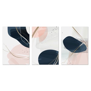 Abstract Wall Art Prints, Shapes Wall Art, Blush Pink Navy Blue Set Of 3 Prints Panels Minimalist Modern Canvas Print Wall Art Home Decor