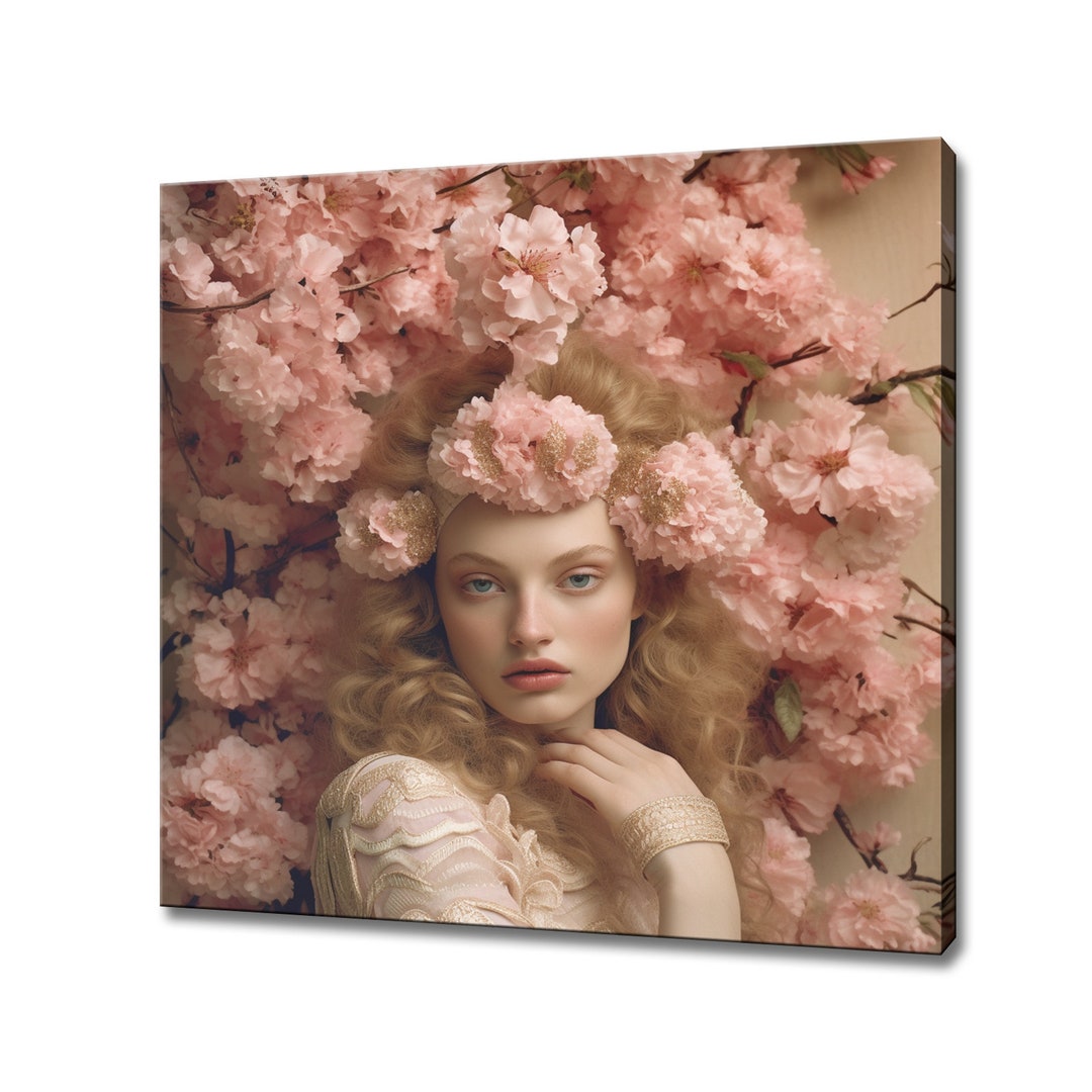 Powder Pink Gold Flowers Woman Head Canvas Print, Rococo Flowers Wall ...