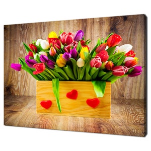 Colourful Rainbow Tulips Spring Flowers In Wooden Box Modern Design Home Decor Canvas Print Wall Art Picture