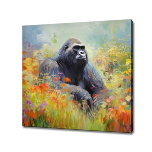 Gorilla In Flowers Field Animal Canvas Print, Gift For Gorilla Lover, Colourful Gorilla Portrait Painting Print, Gorilla Wall Art