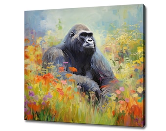 Gorilla In Flowers Field Animal Canvas Print, Gift For Gorilla Lover, Colourful Gorilla Portrait Painting Print, Gorilla Wall Art