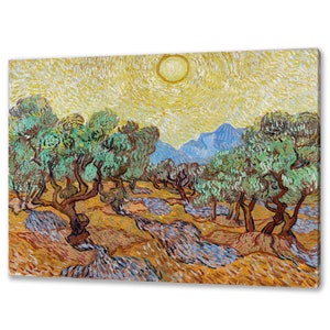 Olivenbäume mit gelbem Himmel und Sonne (1889) von Vincent Van Gogh Reproduktion Wohnkultur Leinwand Druck Wandkunst fertig zum Aufhängen
