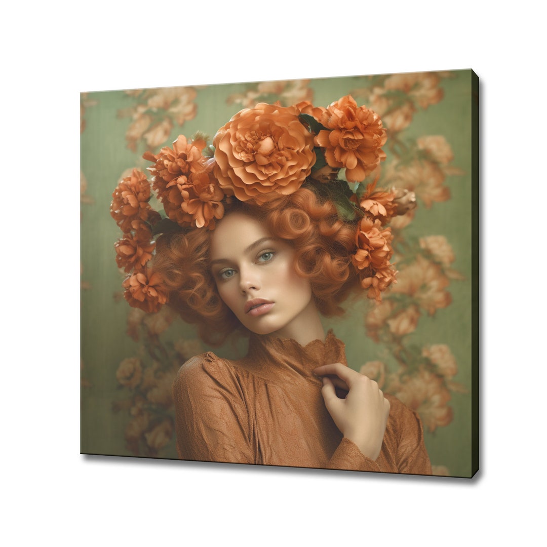 Orange Copper Flowers Woman Head Canvas Print, Rococo Flowers Art ...