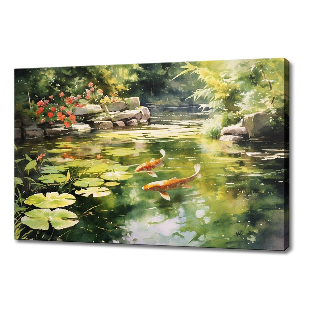Koi Fish in the Pond Tranquil Painting Style Canvas Print, Farmhouse ...