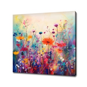 Colourful Wildlowers Meadow Abstract Watercolour Painting Style Canvas Print, Modern Floral Design Home Decor, Flower Wall Art Picture