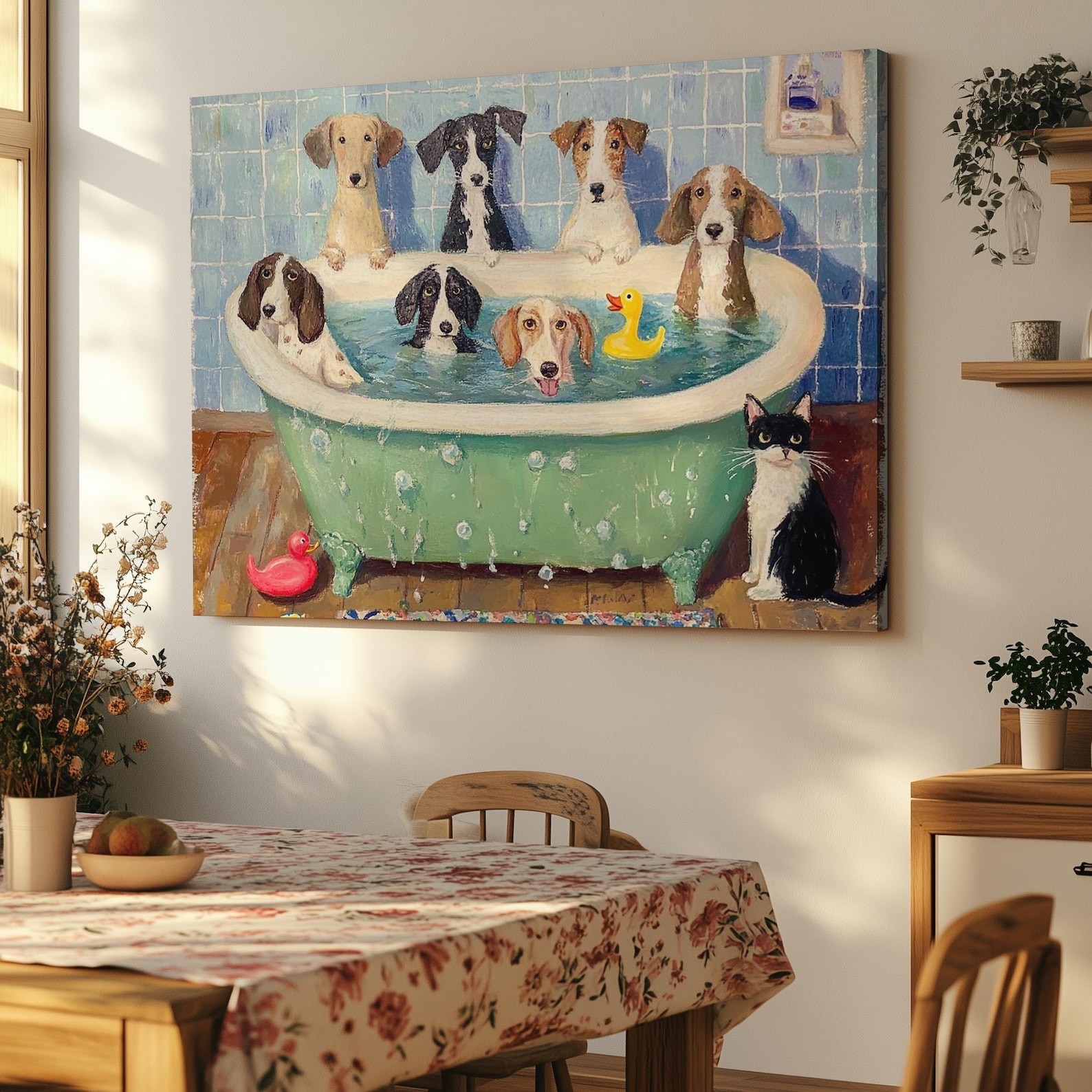 Funny Dogs in the Bathtub Canvas Print, Cute Dog Fine Art Print, Gift