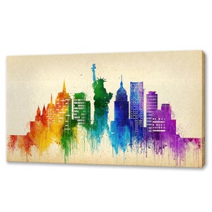 New York City USA Colourful Skyline Landmarks Watercolour Painting Style Modern Design Home Office Decor Canvas Print Wall Art Picture