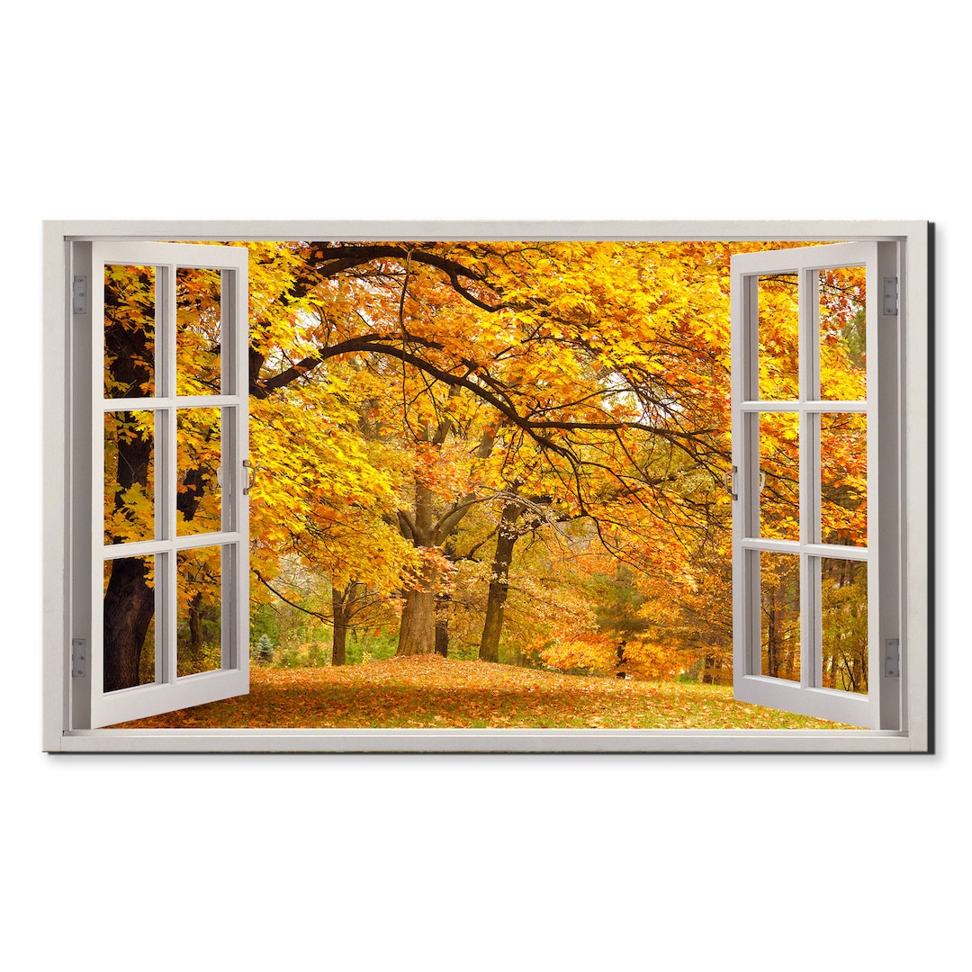Park Window View Golden Trees in the Autumn Park Window View, Window Frame Style Modern ...