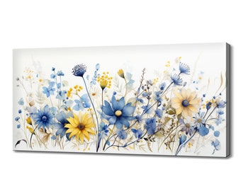 May include: A watercolor painting of a field of blue and yellow wildflowers. The flowers are arranged in a horizontal line across the canvas, with the blue flowers in the foreground and the yellow flowers in the background. The painting is done in a realistic style, with the flowers depicted in detail.
