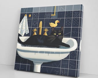 Black Cat In The Sink Canvas Print, Cute Pet Lover Decor, Gift for Cat Lovers, Adorable Cat Canvas Wall Art, Feline Wall Art Home Decor