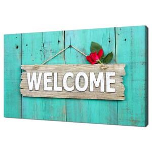 Welcome Sign With Rose Flower On Antique Teal Blue Wooden Fence Modern Design Home Decor Canvas Print Wall Art Wall Hanging