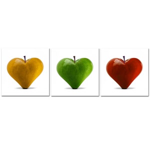 Heart Shaped Fruits Apples Yellow Green Red 3 Panels Modern Kitchen Design Home Decor Canvas Print Wall Art Picture