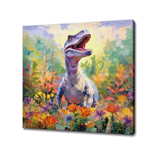 Impression sur toile animal tyrannosaure rex dans des champs de fleurs colorées, cadeau pour amateur de dinosaures, peinture portrait de dinosaure impression art mural