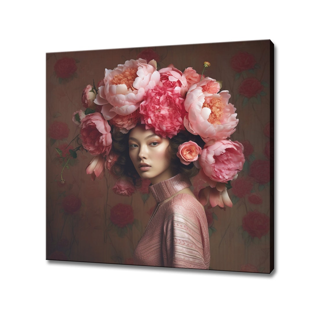Pink Peony Flowers Woman Head Canvas Print, Rococo Flowers Wall Art ...