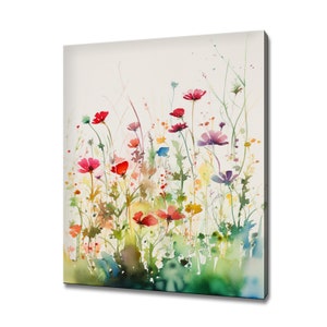 Colourful Summer Wild Flowers Field Meadow Wall Art, Modern Floral Design Home Decor, Watercolour Painting Style Canvas Print Wall Art