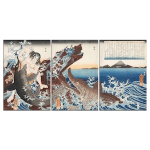 Asaina Saburo Yoshihide Wrestling Two Crocodiles Utagawa Kuniyoshi 3 Panels Modern Canvas Print Wall Art Home Decor