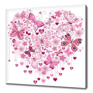 Beautiful Abstract Pink Heart With Butterflies Love Modern Design Home Decor Canvas Print Wall Art Picture Wall Hanging