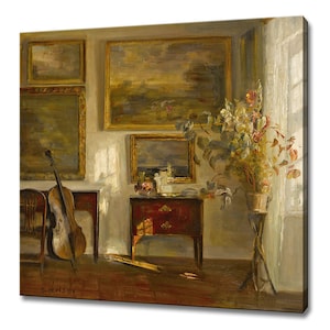 Interior With Cello Carl Holsoe Reproduction, Vintage Oil Painting Canvas Print, Victorian Room Setting, Antique Fine Wall Art Print