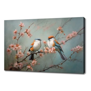 Two Colourful Birds Sitting On Blossoming Tree Painting Canvas Print, Bird Home Decor, Serene Spring Scene Wall Art, Nature Inspired Print