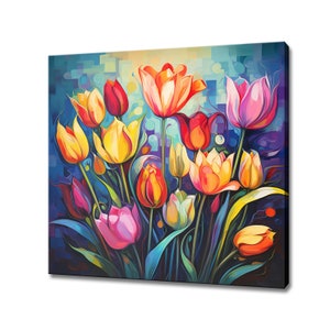 Colourful Bouquet Of Tulips Flowers, Oil Painting Style Canvas Print Wall Art, Modern Floral Design Home Decor, Botanical Flowers Wall Art