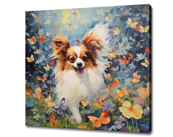 May include: A painting of a Papillon dog running through a field of colorful flowers and butterflies. The dog is white with brown markings and has a happy expression on its face.