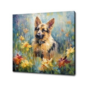 German Shepherd In Flowers Meadow Canvas Print, Gift For German Shepherd Dog Lover, Colourful Dog Portrait Painting Print, Dog Pet Wall Art