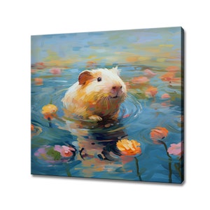 Guinea Pig In The Pond Canvas Print, Gift For Guinea Pig Lover, Colourful Guinea Pig Portrait Painting Print, Guinea Pig Pet Wall Art