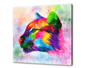Colourful Watercolour Puma Lion Cougar Abstract Animal Canvas Print Wall Art Picture Modern Design