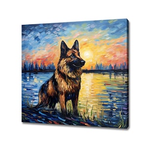 German Shepherd Dog Sunset Animal Canvas Print, Gift For German Shepherd Dog Lover, Colourful Dog Portrait Painting Print, Dog Pet Wall Art