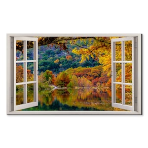Herfstreflecties op de rivier de Frio Raamuitzicht, raamkozijnstijl Modern design Woondecoratie Doek kunst aan de muur Foto klaar om op te hangen