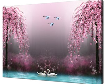 Beautiful Swans On The Blue Lake Pink Blossom Trees Modern Design Decor Canvas Print Wall Art Picture