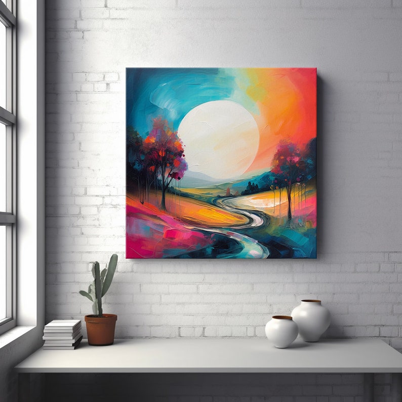 Colourful Abstract Moon Above the Country Road Landscape Painting Style ...