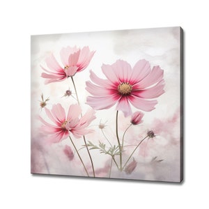 Pink Cosmos Flowers Canvas Print Wall Art, Modern Floral Design Home Decor, Botanical Flowers Wall Art, Gift For Flowers Lover