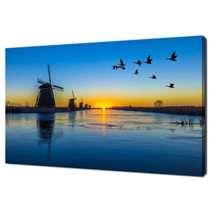 Geese Flying Over Sunrise Above Dutch Windmills In Kinderdijk Netherlands Modern Design Home Decor Canvas Print Wall Art Wall Hanging