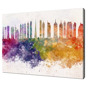 Pintura de acuarela del horizonte colorido de Dubái, diseño moderno, decoración del hogar, impresión en lienzo, arte de pared, imagen para colgar en la pared
