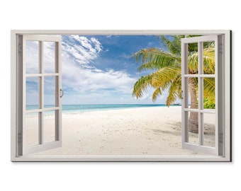 May include: A white window frame with a view of a tropical beach with a palm tree and blue sky. The window is open and the beach is visible through the window.