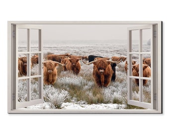 Herd Of Scottish Highland Cows Window View, Window Frame Style Modern Design Home Decor Canvas Print Wall Art Picture Ready To Hang