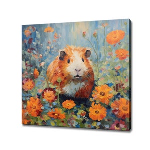 Guinea Pig In Flowers Field Canvas Print, Gift For Guinea Pig Lover, Colourful Guinea Pig Portrait Painting Print, Guinea Pig Pet Wall Art