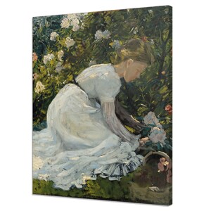 Portrait Of A Woman Gathering Flowers In The Garden, Vintage Painting Canvas Print, Antique Female Portrait, Fine Art Lady Portrait Print