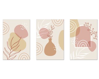 Abstract Boho Art, Neutral Botanical, Set Of 3 Panels Prints, Abstract Shapes Beige Pink Canvas Print Wall Art Picture