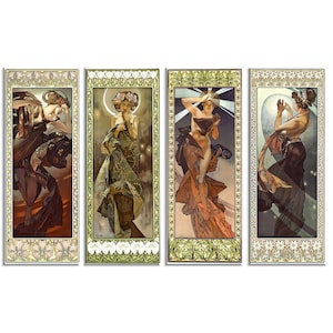 Alphonse Mucha The Moon And The Stars (1902) Art Nouveau Reproduction Set Of 4 Panels Modern Style Canvas Print Wall Art Picture
