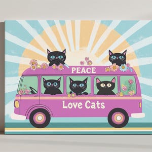 Peace Love Hippie Cats Canvas Print, Uroczy zabawny wydruk artystyczny Cat, Prezent dla miłośnika kotów, Sztuka ścienna z kotem w stylu retro, Fantazyjna dekoracja ścienna